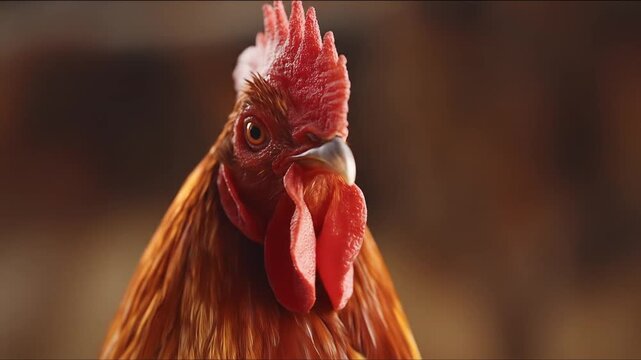 Close up of a rooster with red comb and feathers in natural sunlight