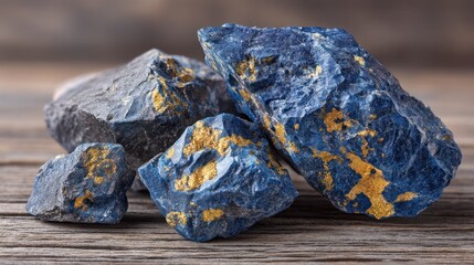 Raw blue mineral specimens featuring embedded yellow metallic flecks rest upon weathered wooden surface