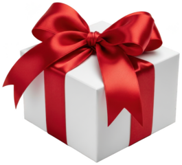 Single white gift box wrapped with a vibrant red satin ribbon bow, ideal for various celebrations and gifting occasions