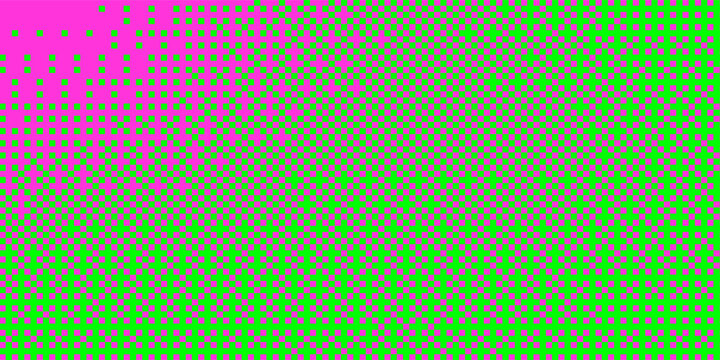 Abstract halftone background featuring a geometric square pattern with a bold neon color combination of bright green and magenta.