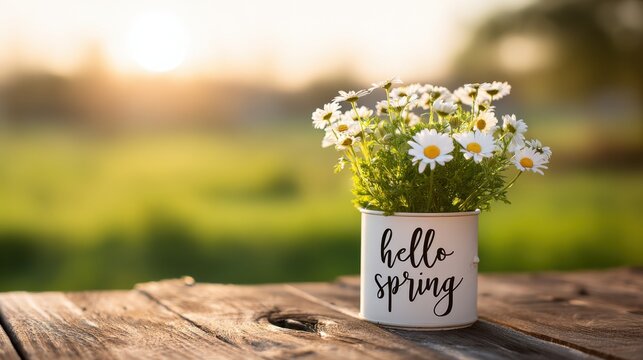 White daisies in a hello spring mug on a wooden table bathed in warm morning light