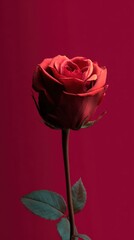 Red rose on a tall stem against a deep red background evokes romance and elegance
