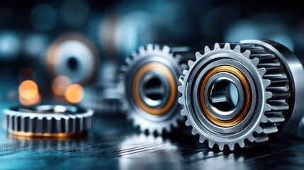 Close up view captures precision metallic gears assembled with internal bearings