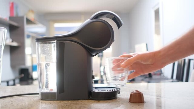 Coffee capsule machine preparing a drink as a hand places a glass cup on the drip tray in a modern kitchen or office.