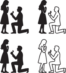 Isolated valentine proposal silhouette icon, valentine proposal kneeling couple, romantic valentine love engagement symbol, wedding couple romantic branding illustration, valentine proposal design