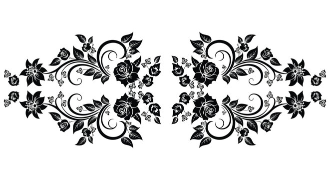 Symmetrical floral design featuring black roses and swirling decorative elements
