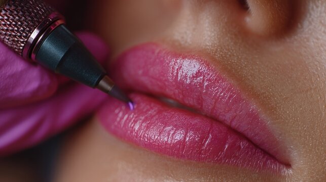 Specialist carefully performs a permanent makeup procedure on vibrant pink lips.