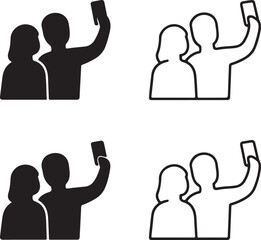 Isolated couple selfie silhouette icon, couple selfie romantic photo vector, love couple memory illustration, couple selfie pose minimal design, love relationship branding, romantic engagement vector