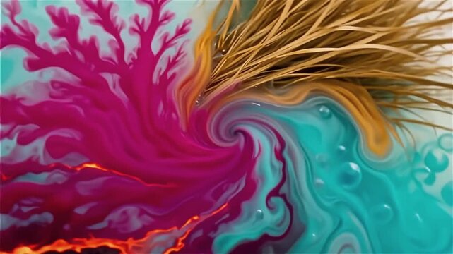 Swirling abstract patterns featuring vibrant colors and textures resembling natural elements like grass, coral, and molten lava