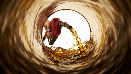 Creative Close-Up View of Fuel Nozzle Filling a Gas Tank with Splashing Liquid