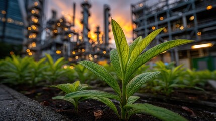 Young vibrant foliage sprouts in foreground against backdrop of illuminated industrial complex at dusk
