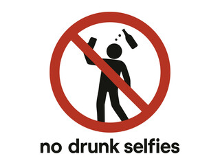 Humorous prohibition sign showing a tipsy figure holding a bottle and phone, crossed out in red with the message no drunk selfies. Absurd prohibition sign. Generative ai vector colorful illustration.