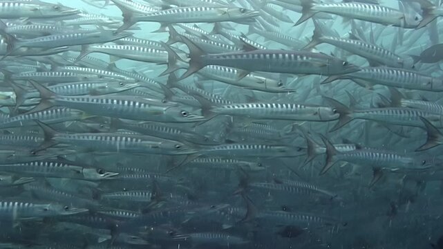 Experience the mesmerizing underwater ballet of a massive barracuda school. Captured at Sipadan Island, Indonesia, this aquatic marvel showcases nature's stunning synchronized dance.