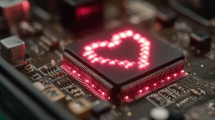 Illuminated heart shape glows brightly on an electronic component within a detailed circuit board