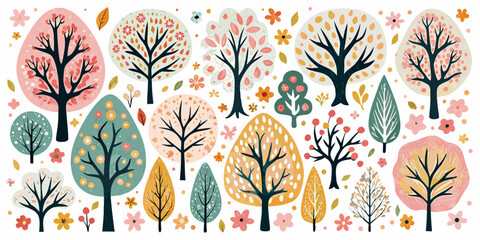 Colorful stylized trees and floral patterns create a whimsical woodland scene