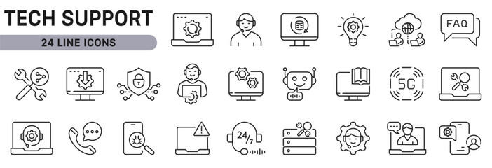 Tech Support line icons set with Helpdesk, Support, Protection, Maintenance, Repair, Service. Editable stroke