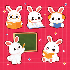 Cute Bunny Learning and Daily Study Activities with Laptop, Reading Book, and Writing Illustration
