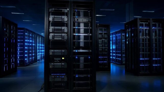 Data center filled with server racks and blue lighting in a technology environment