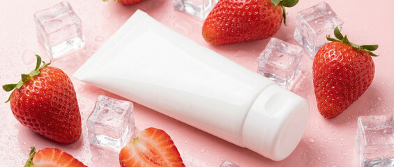 Top view photo of white cream bottle without label strawberries ice cubes and drops on the right on isolated pastel pink background with blank space