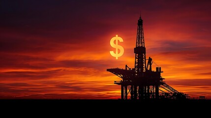 Geopolitical Oil Tension Oil Rig Silhouette at Sunset with Dollar Symbol in Sky