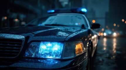 Emergency vehicle with illuminated warning lights positioned on a wet urban street during nighttime hours