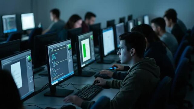Team of professionals working on computers in a modern tech lab environment focused on digital tasks.