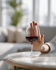 Gest odmowy przy kieliszku czerwonego wina na stole, rezygnacja z alkoholu i trzeźwość, świadomy wybór i zdrowy styl życia.