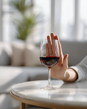 Gest odmowy przy kieliszku czerwonego wina na stole, rezygnacja z alkoholu i trzeźwość, świadomy wyb&oacute;r i zdrowy styl życia.