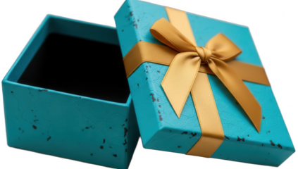 Open teal blue textured gift box with lid and a gold satin ribbon bow isolated on transparent background