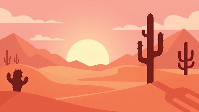 Cactus and mountains in a desert under the warm sunset sun.