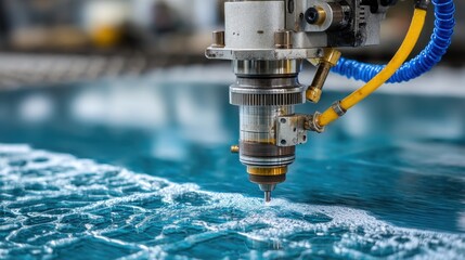 Precision machining apparatus cuts material submerged in turbulent blue liquid