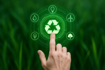 Hand touching digital recycle icon with eco-friendly green energy symbols on futuristic interface over blurred grass background, representing environment concept. Ai generative