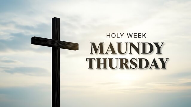 Wooden cross against cloudy sky with Maundy Thursday text clouds - Powered by Adobe