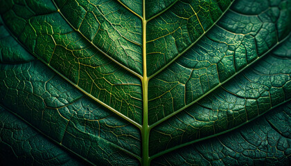 Moody macro of dark green leaf with highlighted central vein intricate texture cinematic contrast nature detail organic pattern vibrant closeup natural beauty