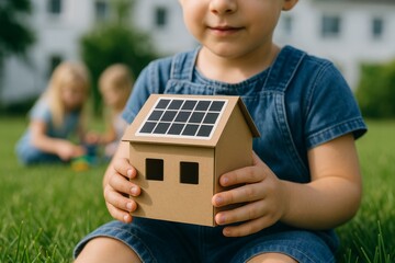 Child holding cardboard house with solar panel roof symbolizing eco-friendly energy and green living concept outdoors in summer garden lawn setting. Ai generative