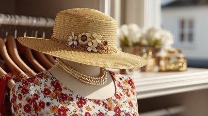 Elegant straw sun hat with floral embellishments displayed on a mannequin torso wearing a patterned dress