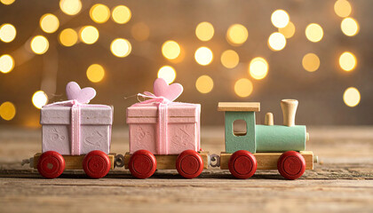 Wooden toy train carrying pastel gift boxes and heart decorations on rustic wooden surface with warm bokeh lights in background, evoking joyful festive mood