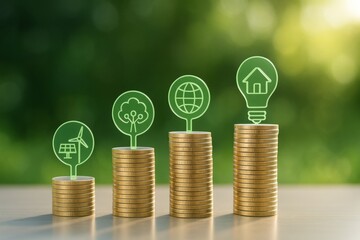Stacks of coins with eco-friendly icons representing green energy, sustainability, and environmental investment on a natural blurred background. Ai generative