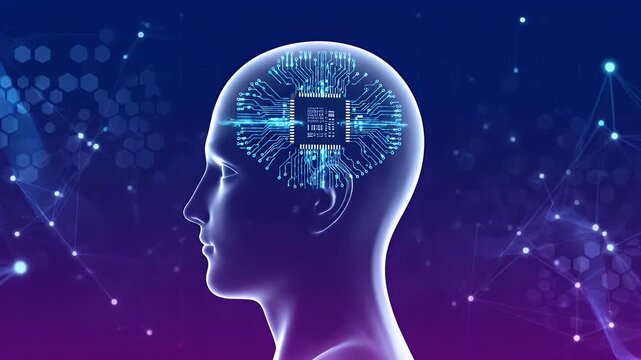 Human head with a glowing chip brain for AI technology.