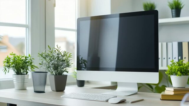 Modern minimalist home office desk setup with a large monitor, natural lighting, and green plants for a calm and productive workspace. Perfect for remote work, creative professionals, and interior des