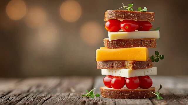 Gourmet sandwich stack with fresh tomatoes, cheese, and multigrain bread on rustic wooden table