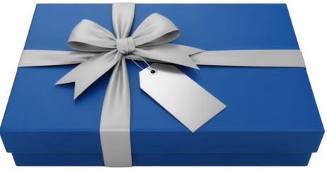 Blue gift box with silver ribbon and tag for special occasion