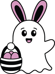 Ghost Easter bunny holding egg basket fun spooky gothic pagan theme dark aesthetic cute outline drawing. Funny creepy spring season black and purple printable illustration flat design sticker clipart.