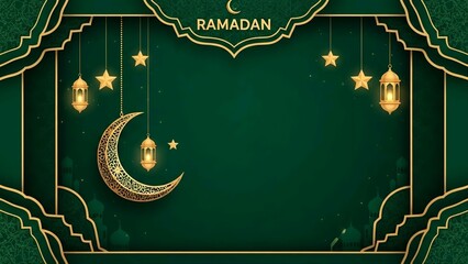 A gold-trimmed dark green background with a crescent moon, stars, and lanterns, celebrating Ramadhan with elegant Islamic patterns and decorations.