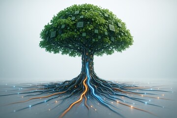 Futuristic eco-friendly tree with digital circuits symbolizing green technology and sustainable energy concept on neutral background. Ai generative. Ai generative