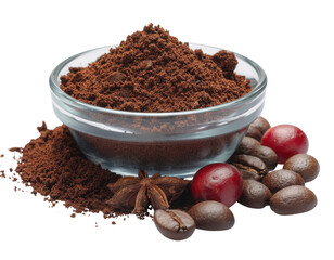 A glass bowl of rich ground coffee is arranged with roasted beans, fresh red coffee cherries, and aromatic star anise.