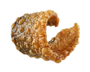 A single, crispy piece of golden-brown pork rind. This fried snack is curled and has a bumpy, puffy texture.