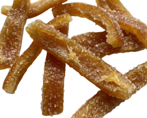 A close-up of crystallized ginger strips. The chewy, golden-amber pieces are generously coated with sparkling sugar crystals.