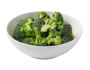 A white bowl filled with fresh, green broccoli florets, chopped and ready to eat.