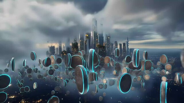 Floating coins in a futuristic city skyline at dusk with clouds and lights